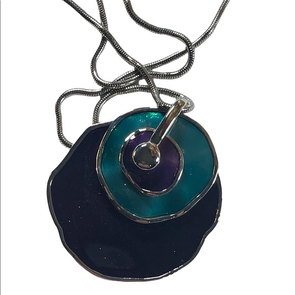 Vintage 1980s Silver finish Purple & teal abstract disk chunky necklace - Picture 12 of 12